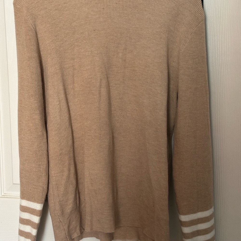 Tan Sweater with White Striped Sleeves